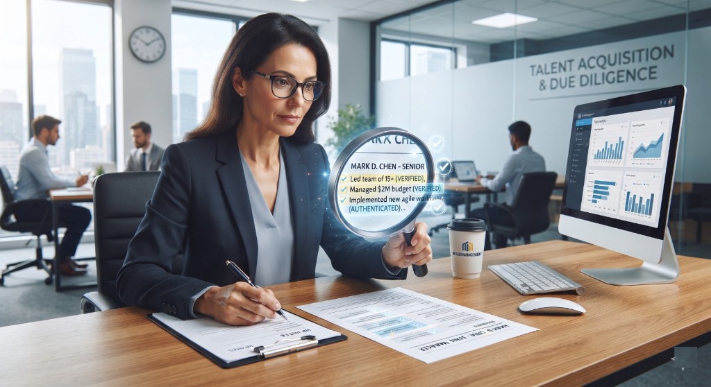 Recruiter verifying a candidate profile during talent acquisition and due diligence