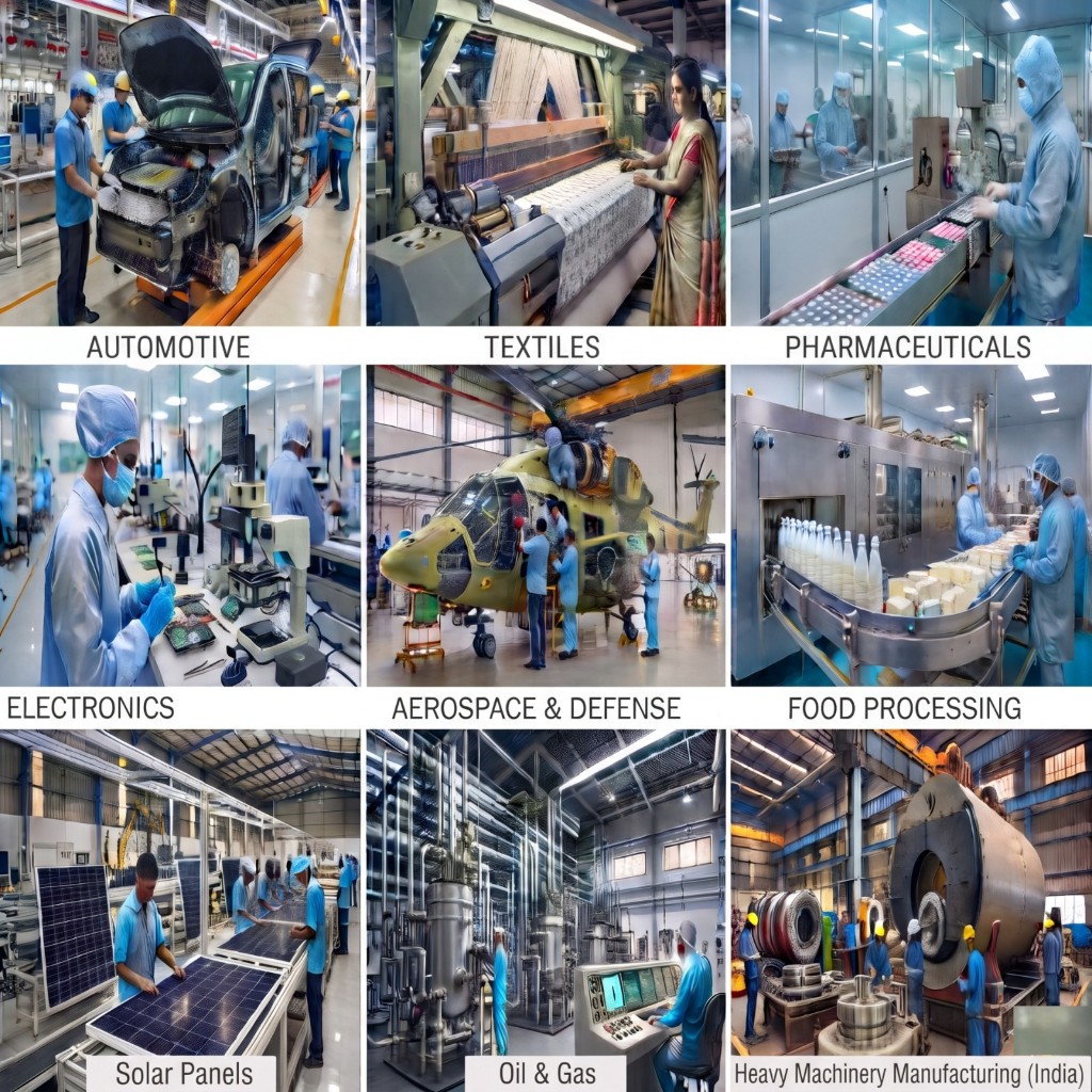 Indian manufacturing across automotive, textiles, pharmaceuticals, electronics, aerospace, food processing, solar, oil and gas, and heavy machinery