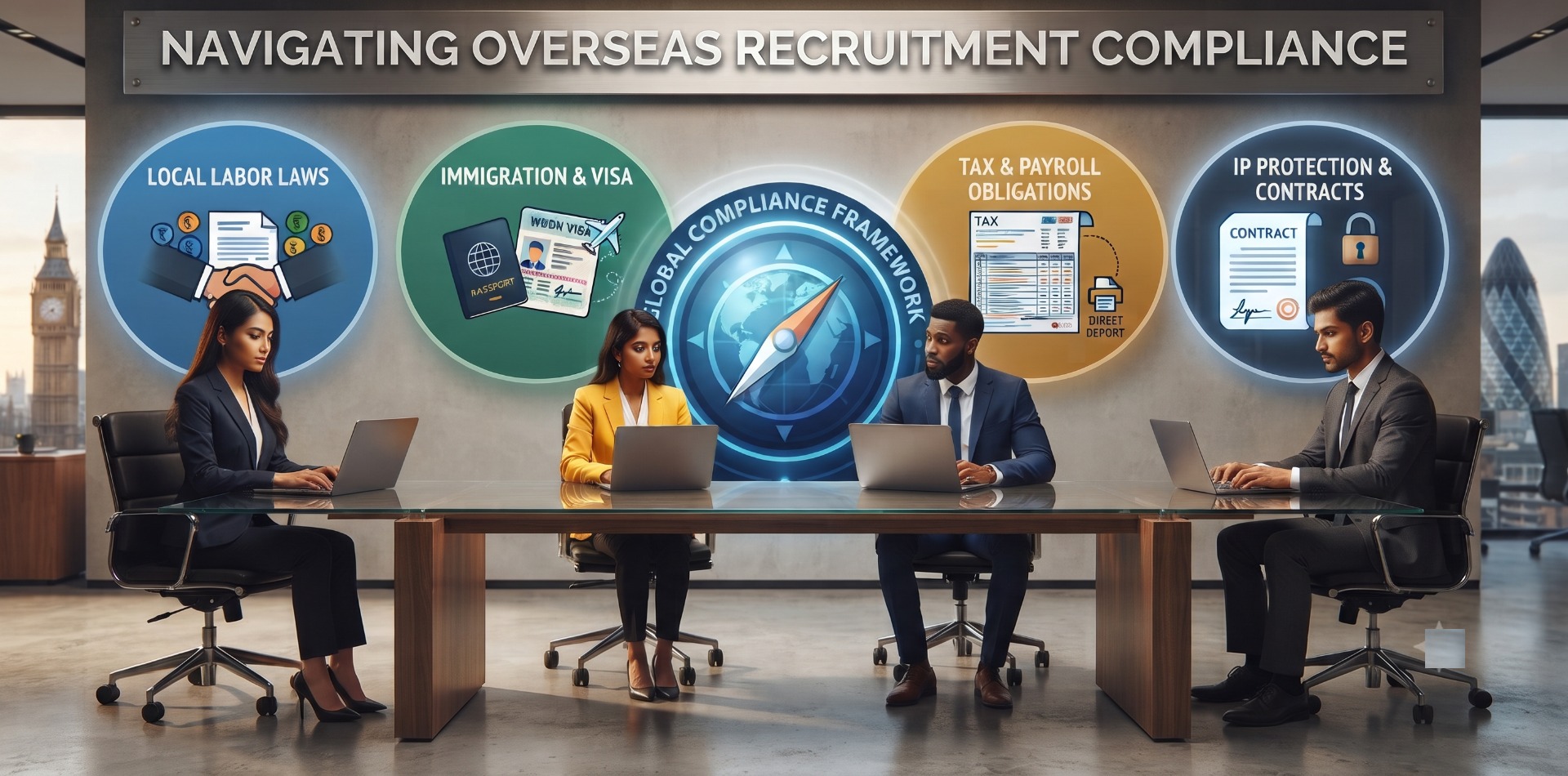 Leaders reviewing labour law, immigration, tax, and contract compliance